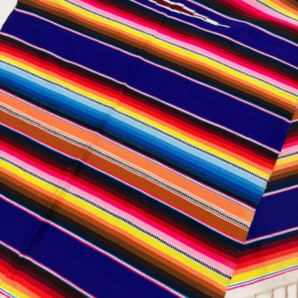 Mexican Serape Blanket Multi-Color Striped Saltillo Throw Blue 84x36